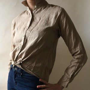 Uniqlo Tan Linen Long Sleeve Button-Down Shirt